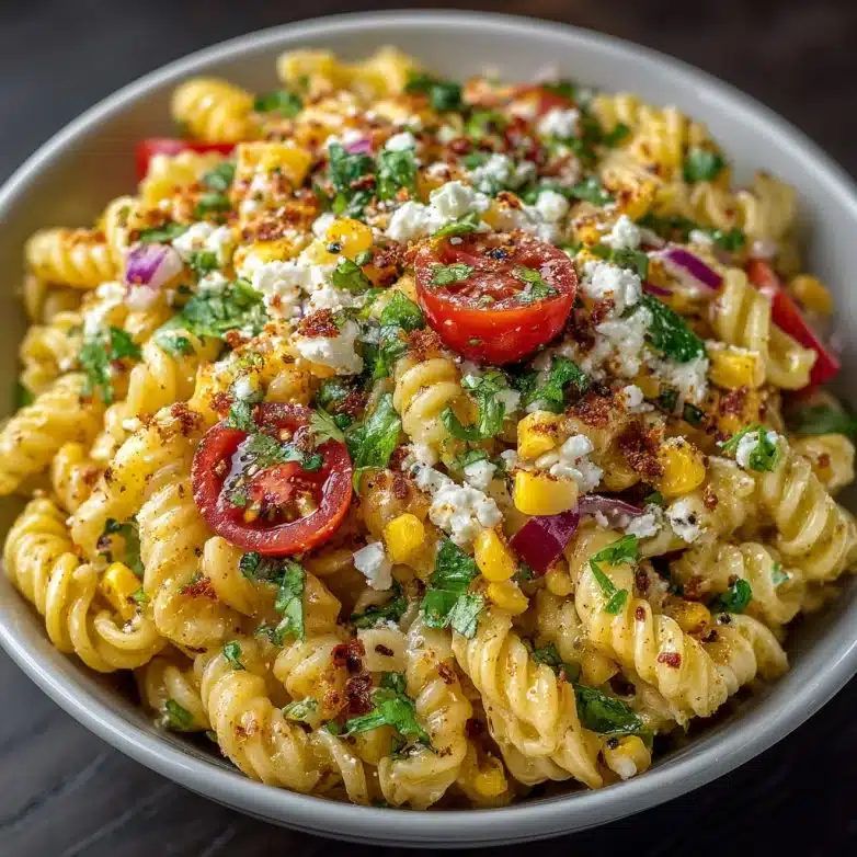 Delicious Juicy Street Corn Pasta Salad with fresh ingredients