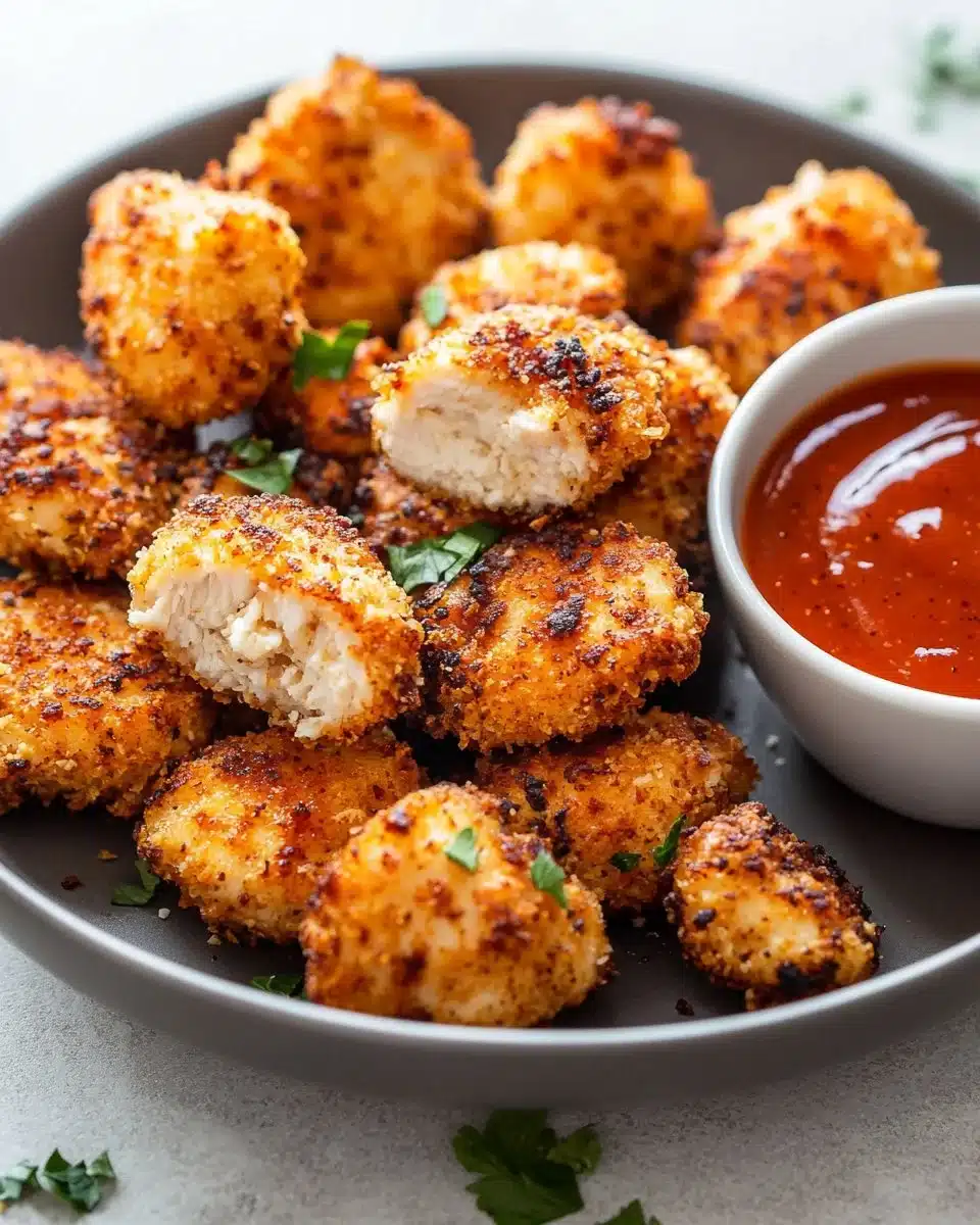 Keto Air Fryer Chicken Nuggets served with buffalo sauce on a plate.