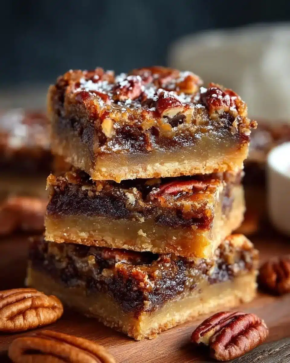 Keto Pecan Pie Bars on a wooden table, topped with pecans and caramel drizzle
