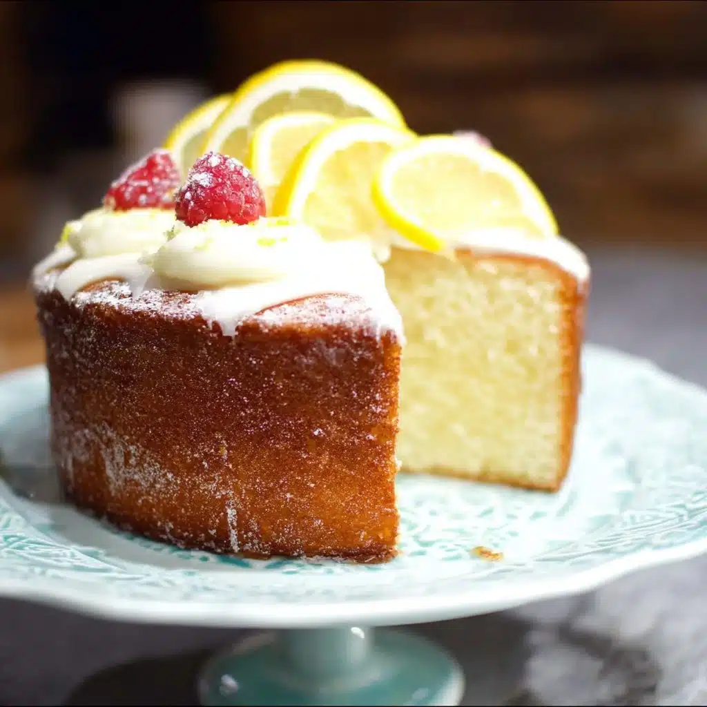 Delicious slice of homemade lemon cake with icing and lemon slices