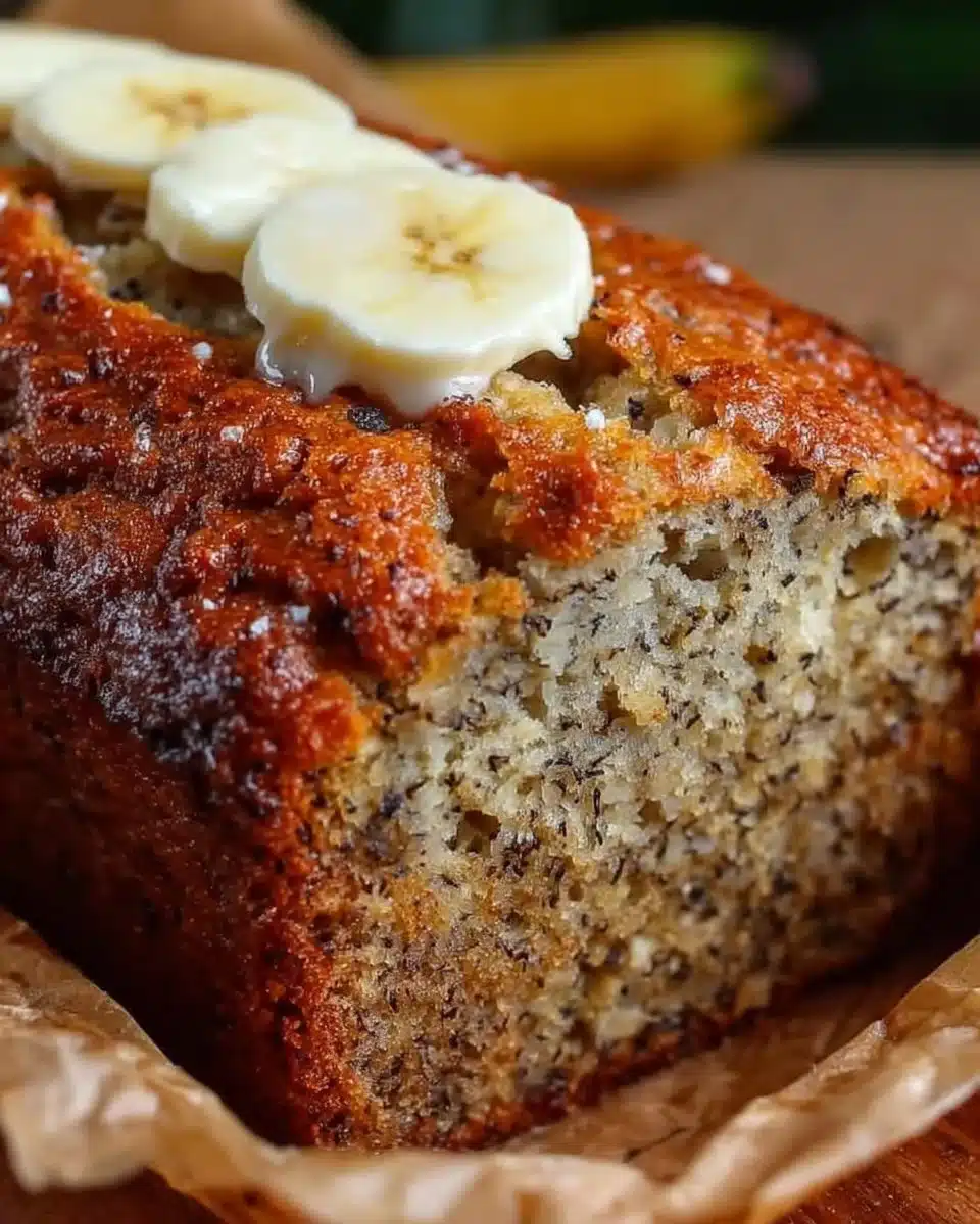 Loaf of moist banana bread, freshly baked and sliced