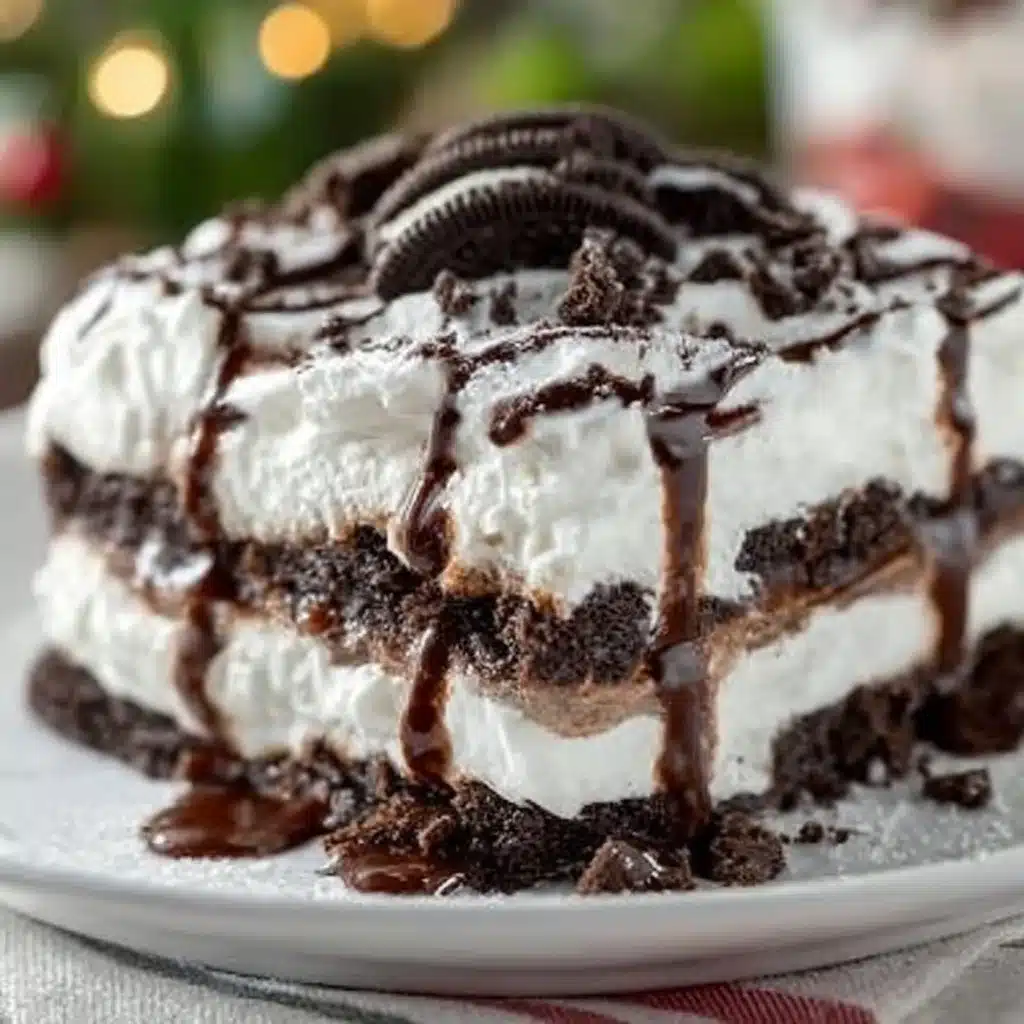 Delicious no-bake Christmas Oreo lasagna dessert layered with cream and cookies