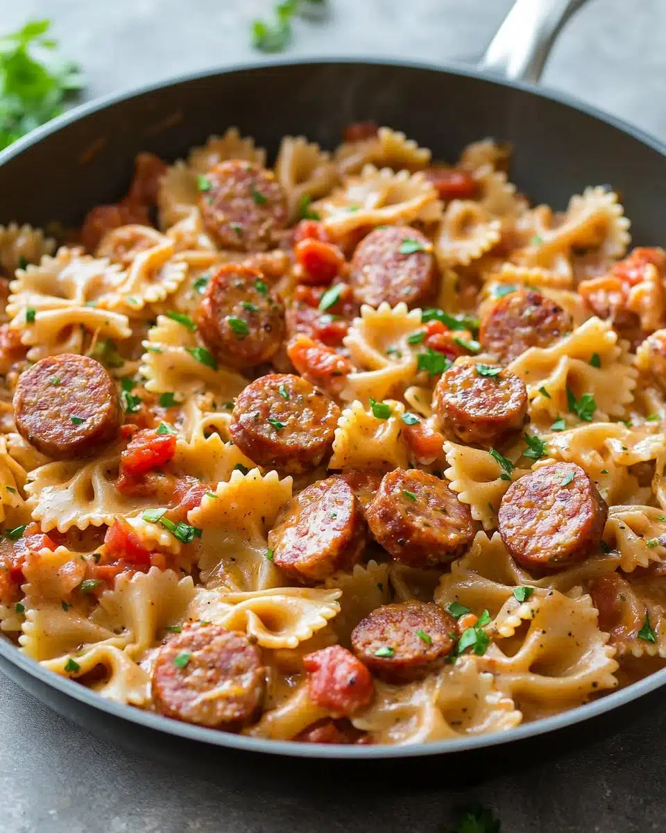 One Pot Creamy Cajun Sausage Pasta served in a bowl