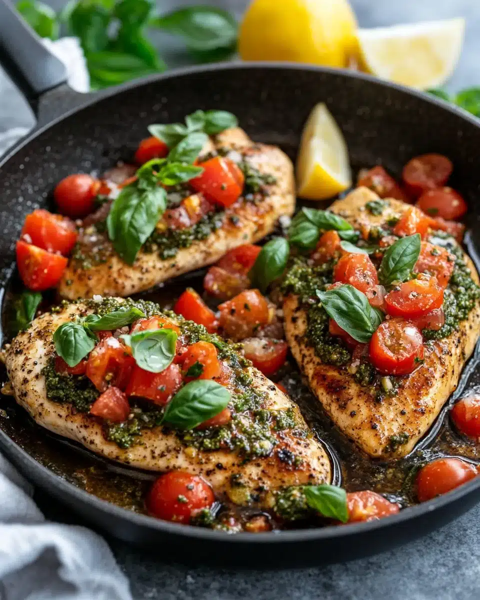 Delicious Pesto Bruschetta Chicken topped with fresh basil and tomatoes
