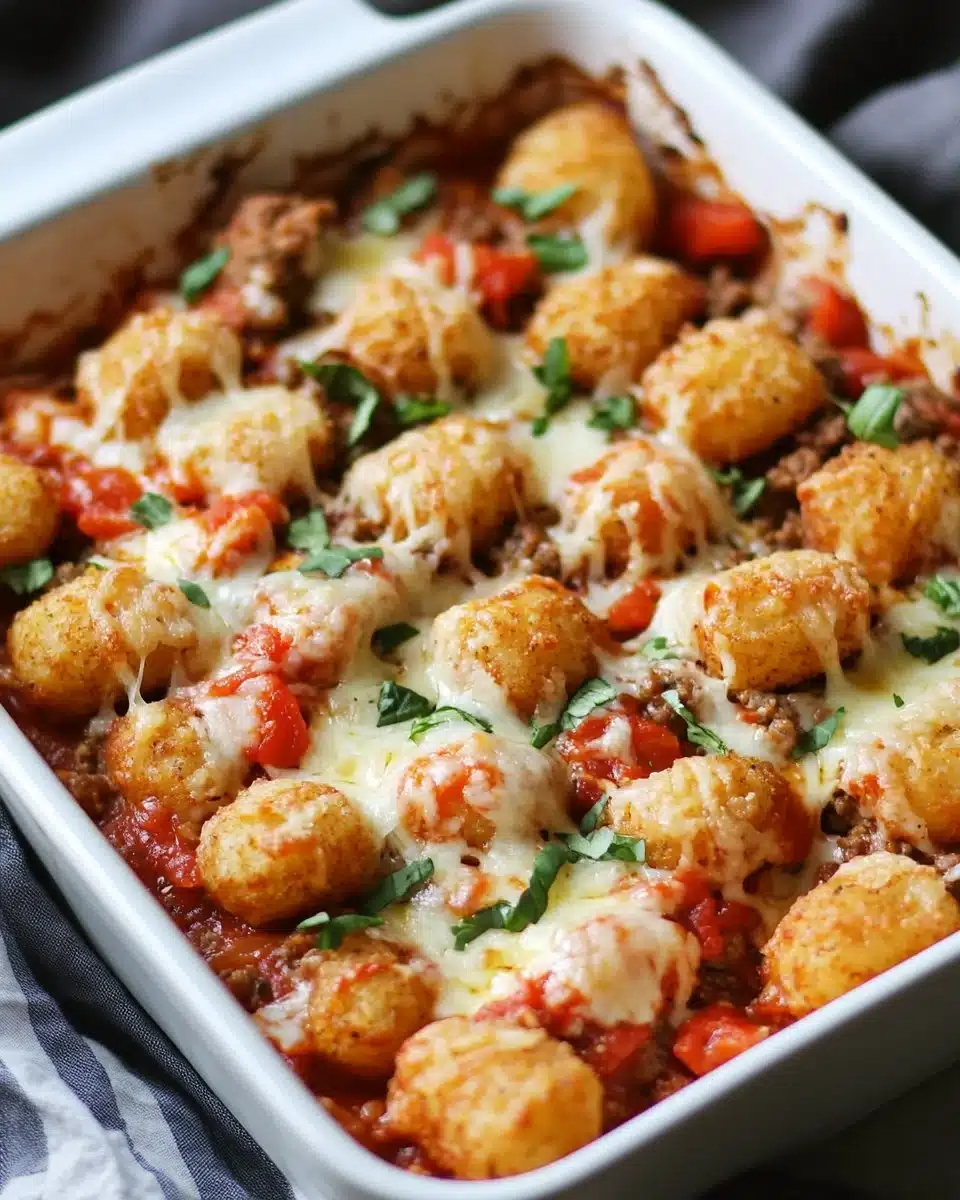 Delicious Pizza Tot Casserole topped with melted cheese and pepperoni.