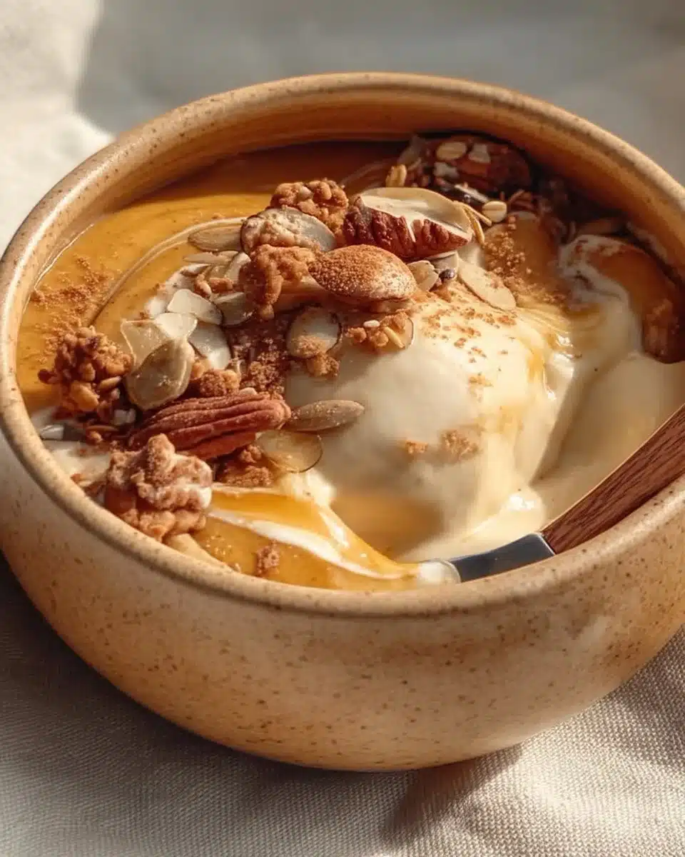 Delicious pumpkin yogurt bowl topped with nuts and seeds