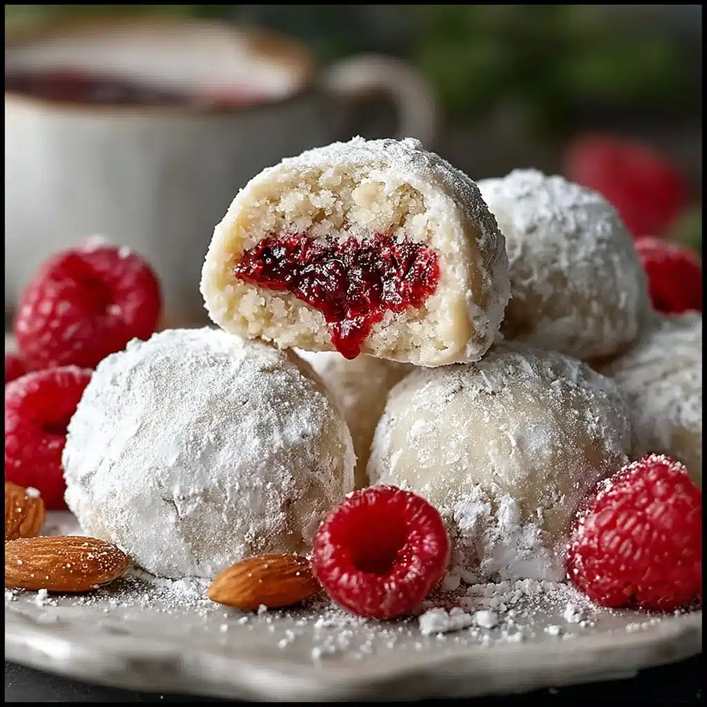Delicious Raspberry Almond Snowball Cookies on a plate, perfect for dessert.