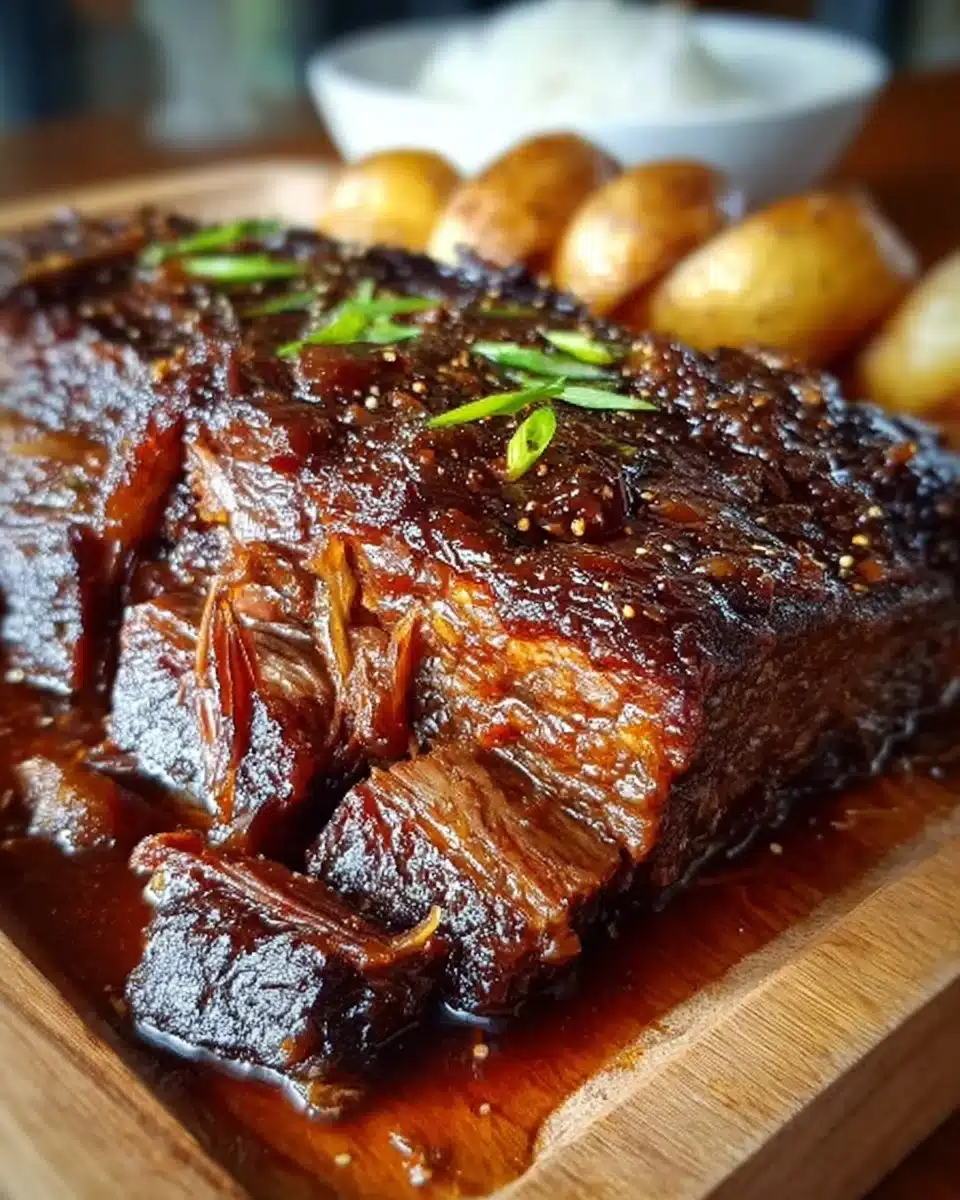 Slow cooked beef brisket served on a plate with vegetables