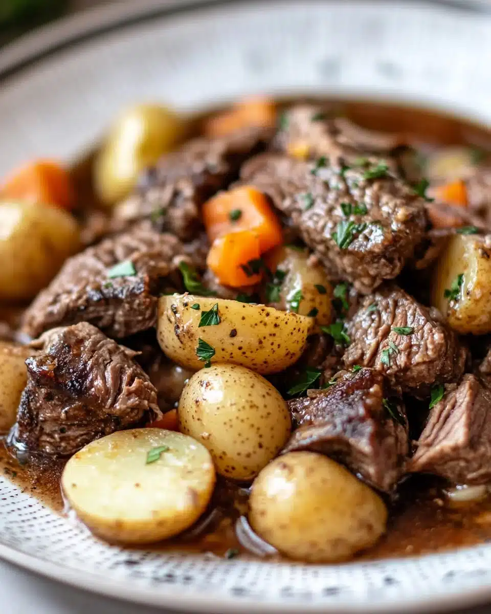 Delicious slow cooker garlic butter beef served with tender potatoes