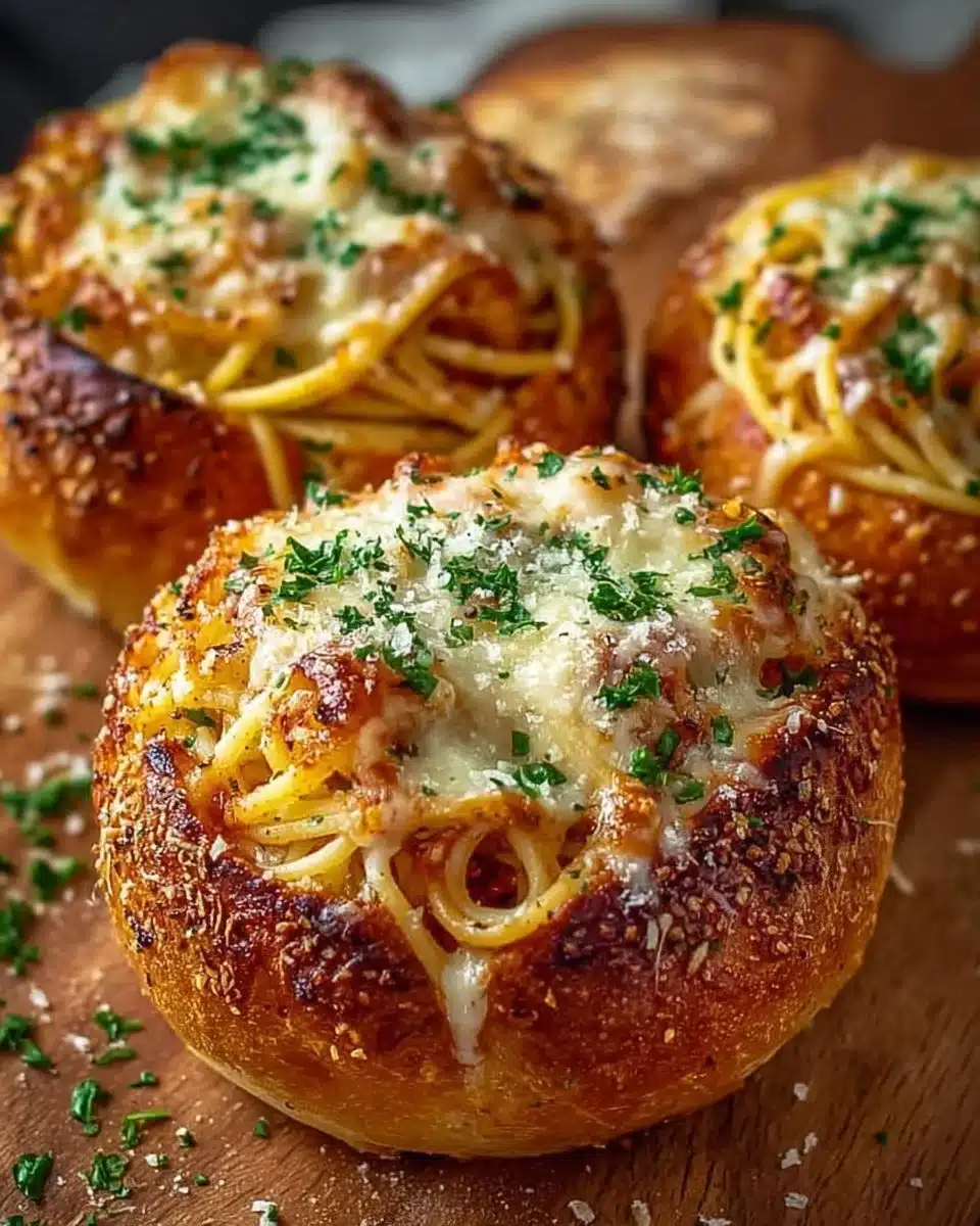Spaghetti garlic bread bowls with delicious pasta filling