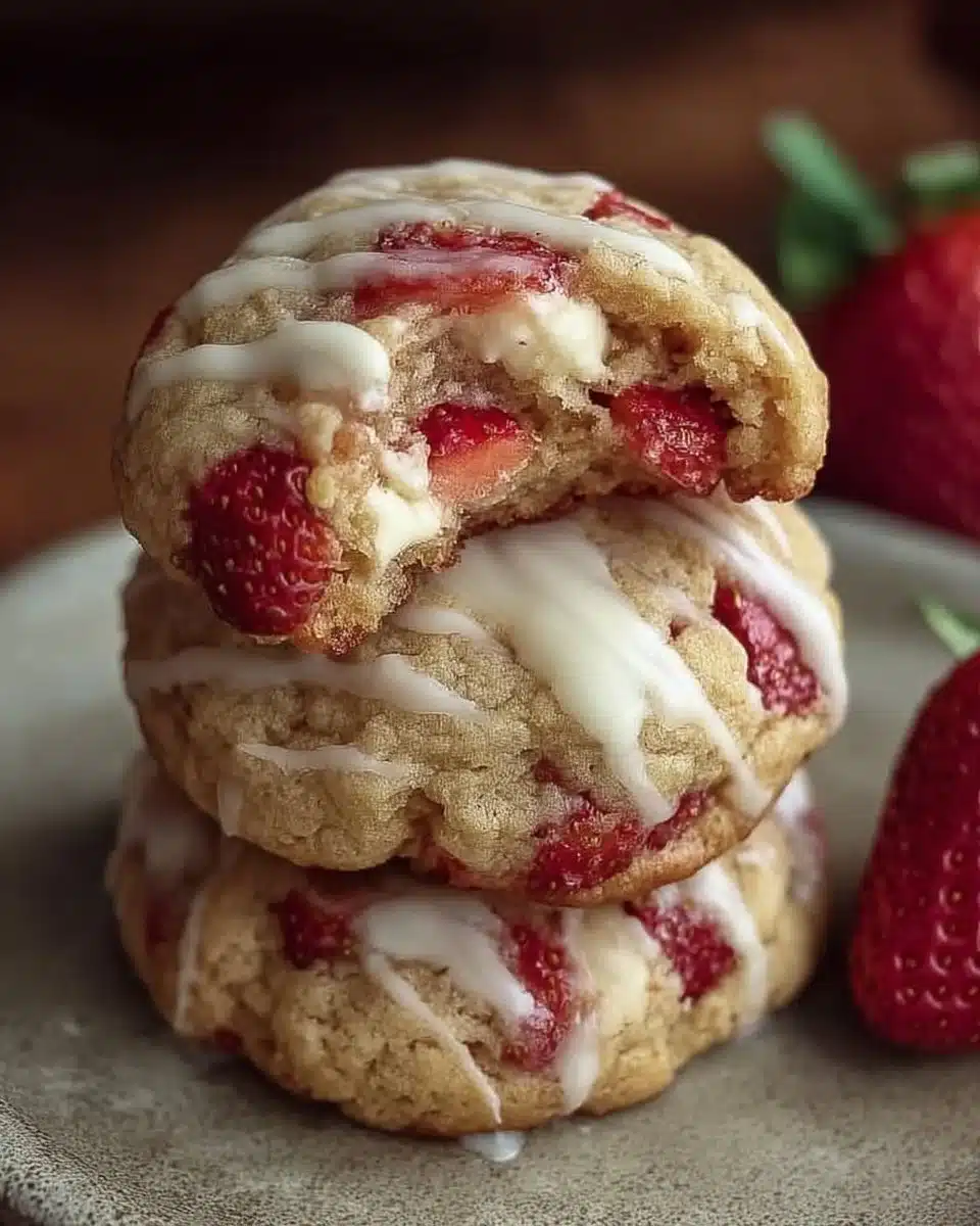 Delicious strawberry cheesecake cookies, topped with fresh strawberries.