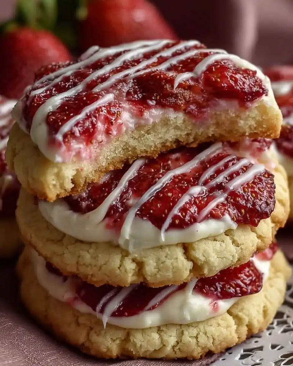 Delicious strawberry cheesecake cookies stacked on a plate.