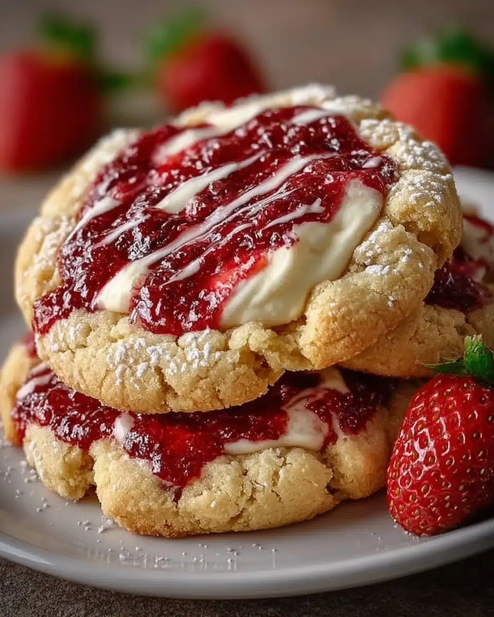 Strawberry Cheesecake Cookies on a plate with fresh strawberries