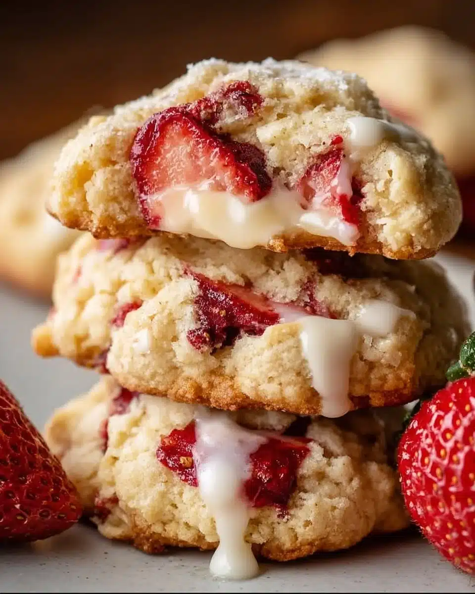 Delicious Strawberry Cheesecake Cookies with fresh strawberries and creamy filling.