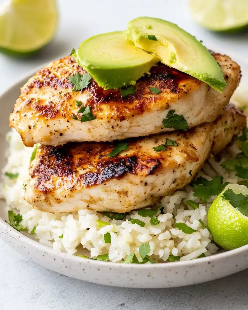 Tangy honey lime chicken served with avocado rice stack