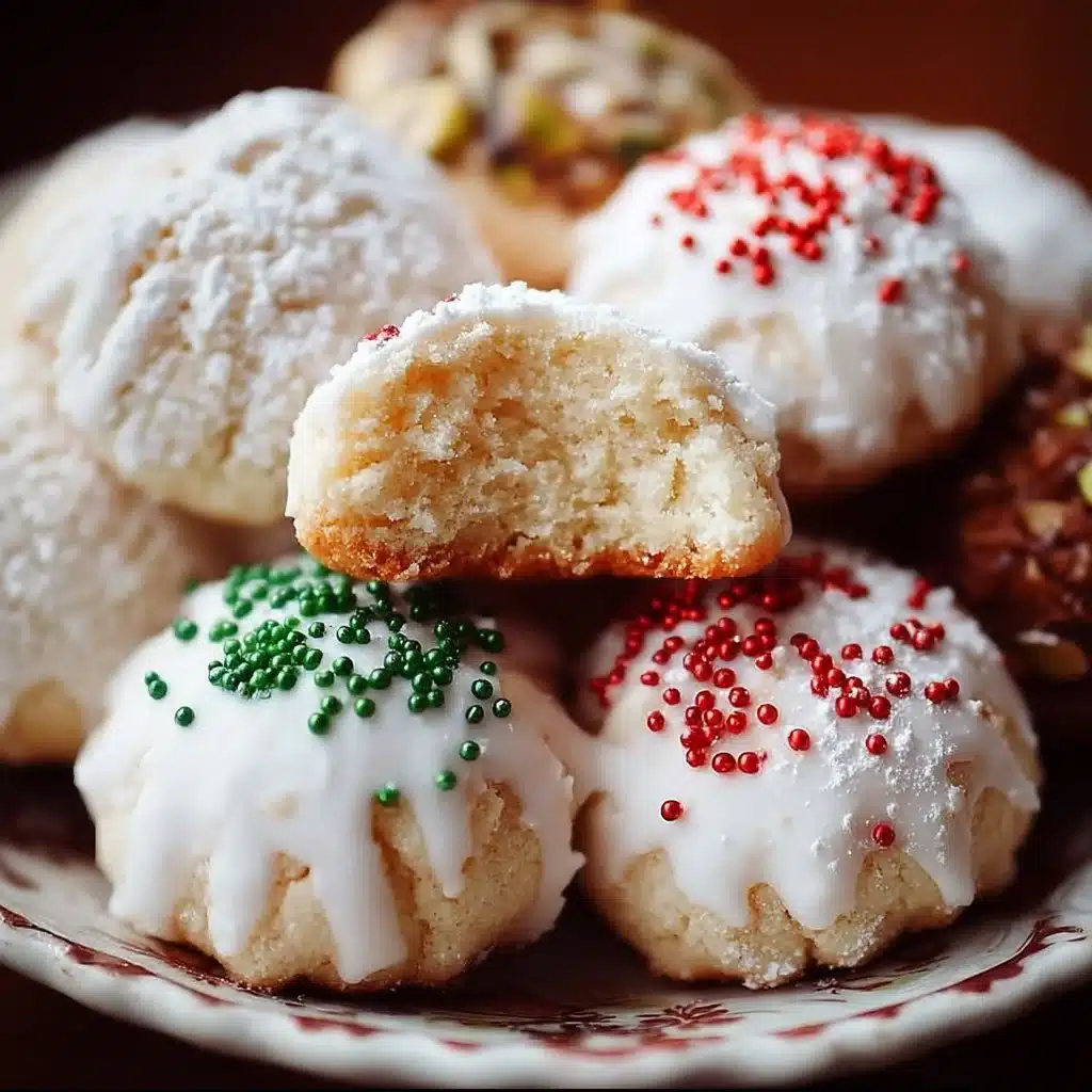 A plate of colorful traditional Italian Christmas cookies decorated for the holidays.
