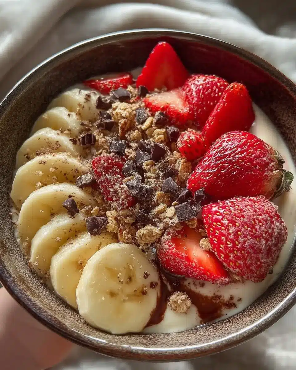 Bowl of vanilla yogurt with fresh strawberries and banana slices on top