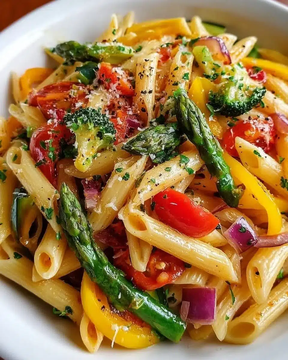 Colorful Vegetarian Pasta Primavera with fresh vegetables and herbs