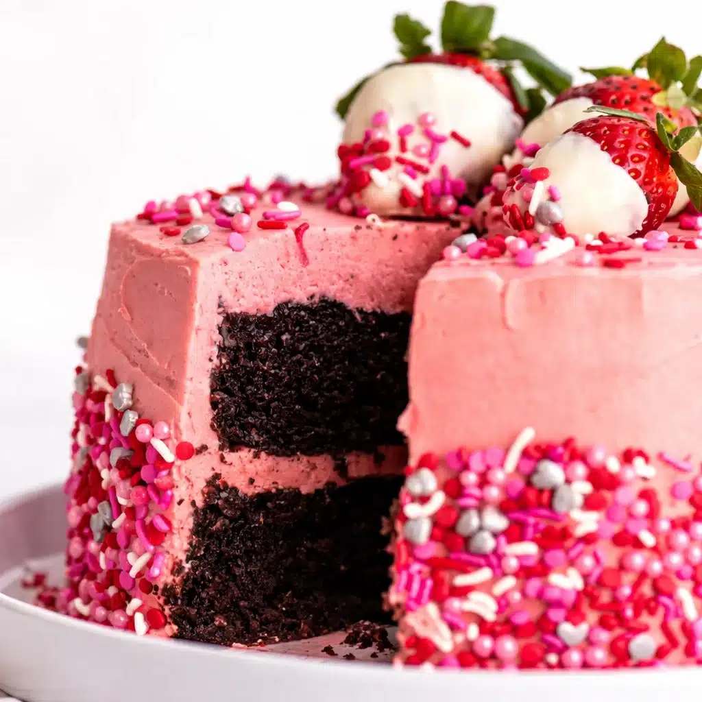 Delicious Valentine's Day cake with vibrant layers and decorative frosting.