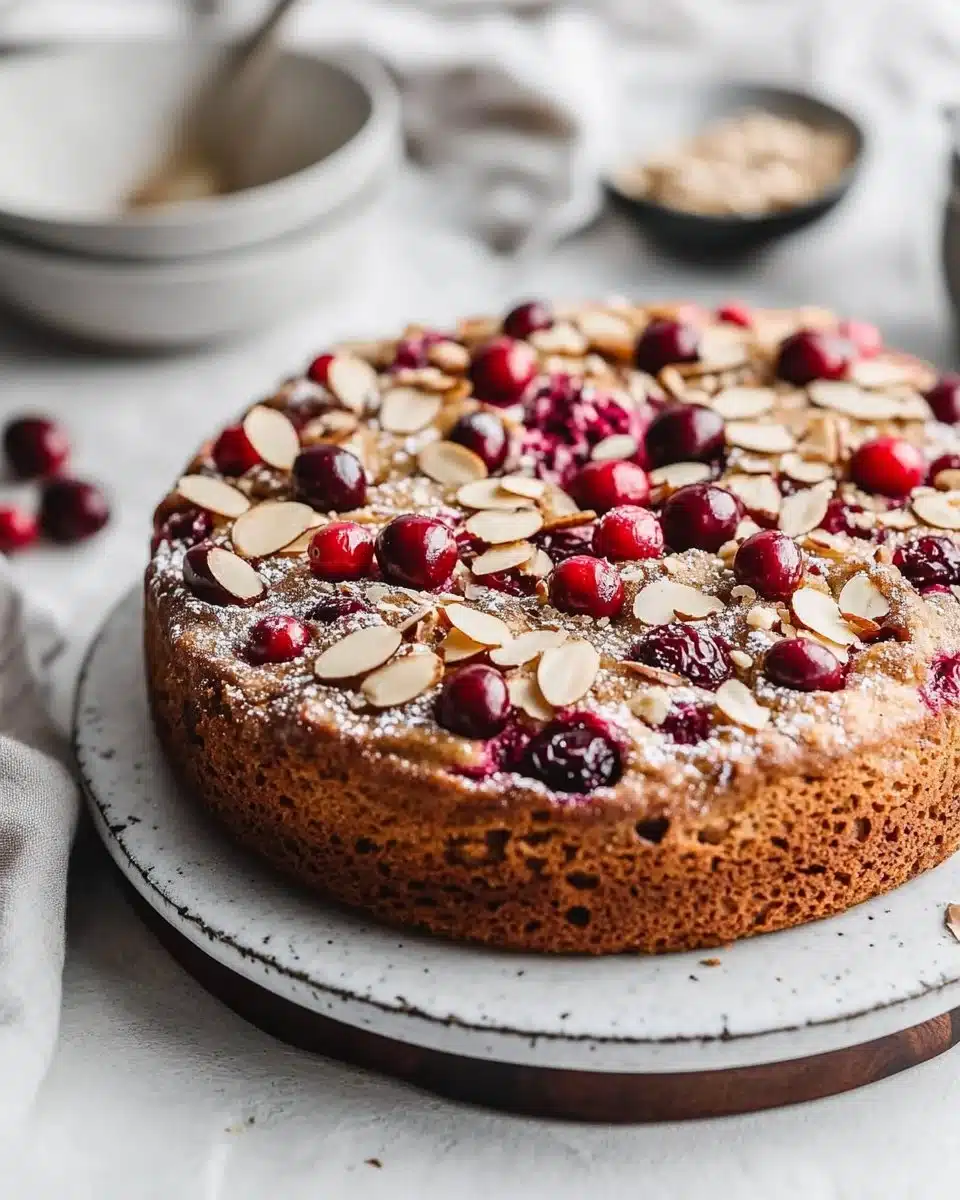 A delicious slice of Almond Cranberry Cake topped with cranberries and almonds.