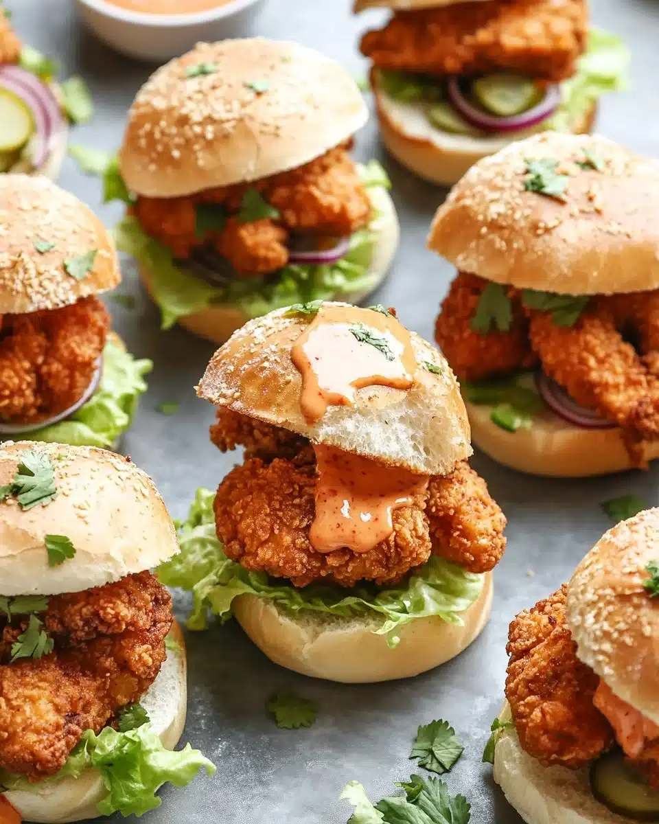 Bang Bang Chicken Sliders garnished with fresh ingredients
