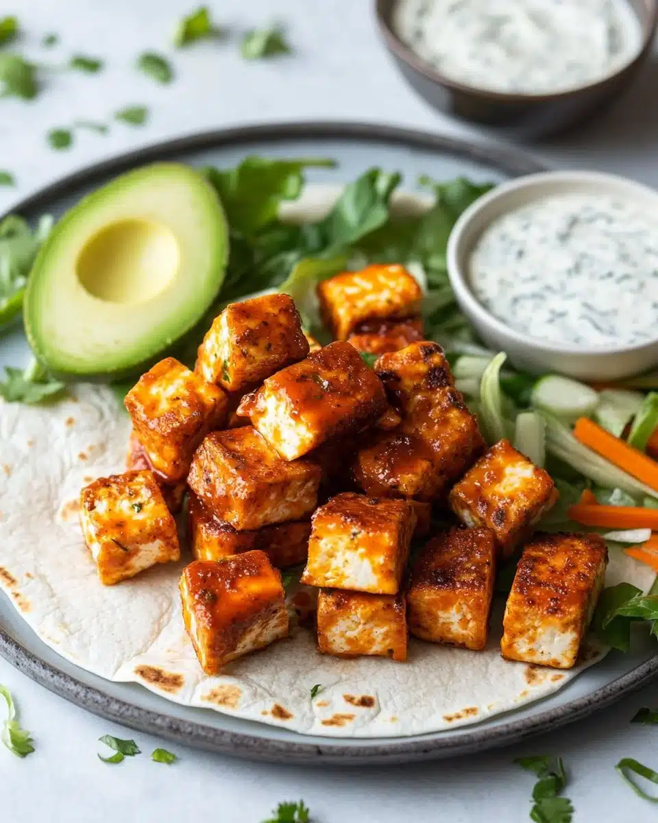 Delicious Buffalo Tofu Wrap with vegan ranch dressing on a plate