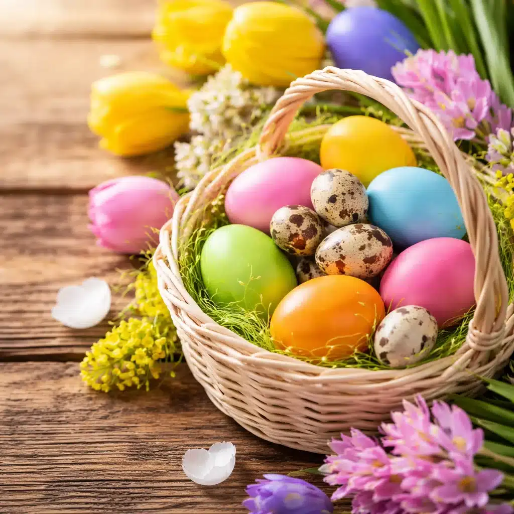 Easter celebration with eggs and bunny surrounded by spring flowers.
