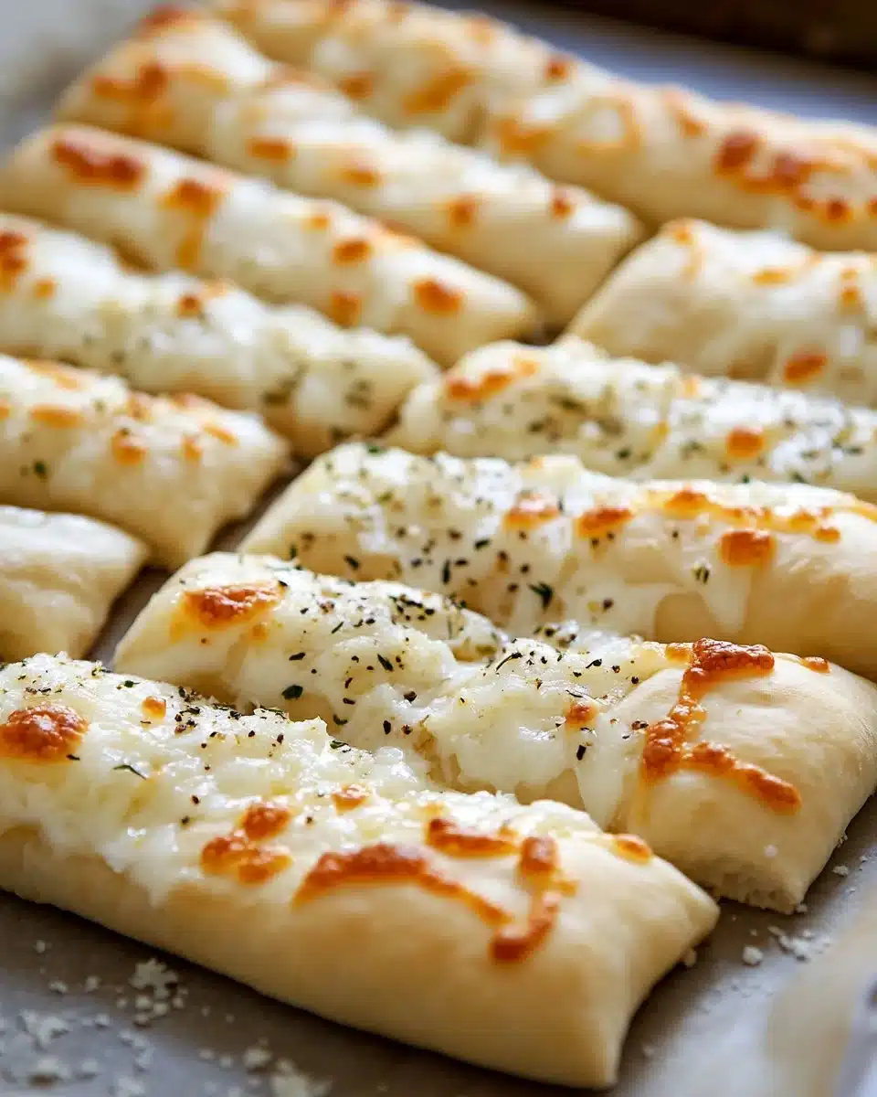 Golden cheesy breadsticks with melted cheese and herbs on a wooden platter.