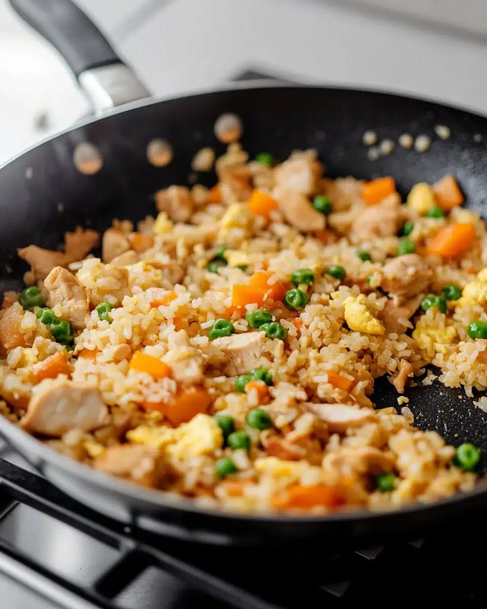 Delicious Chicken Fried Rice served in a bowl with vegetables and chicken