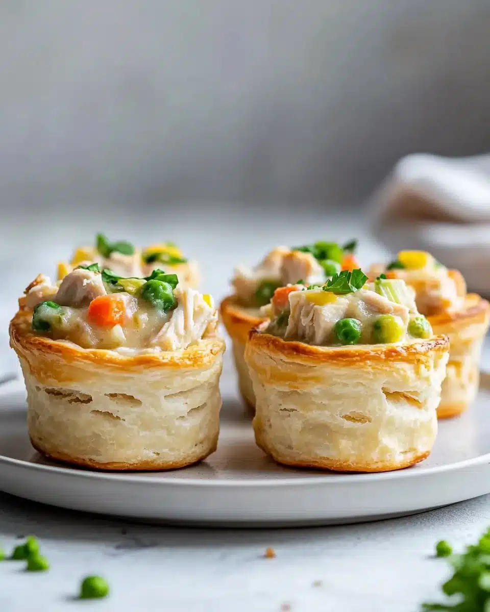 Chicken Pot Pie Biscuit Cups topped with herbs and creamy filling