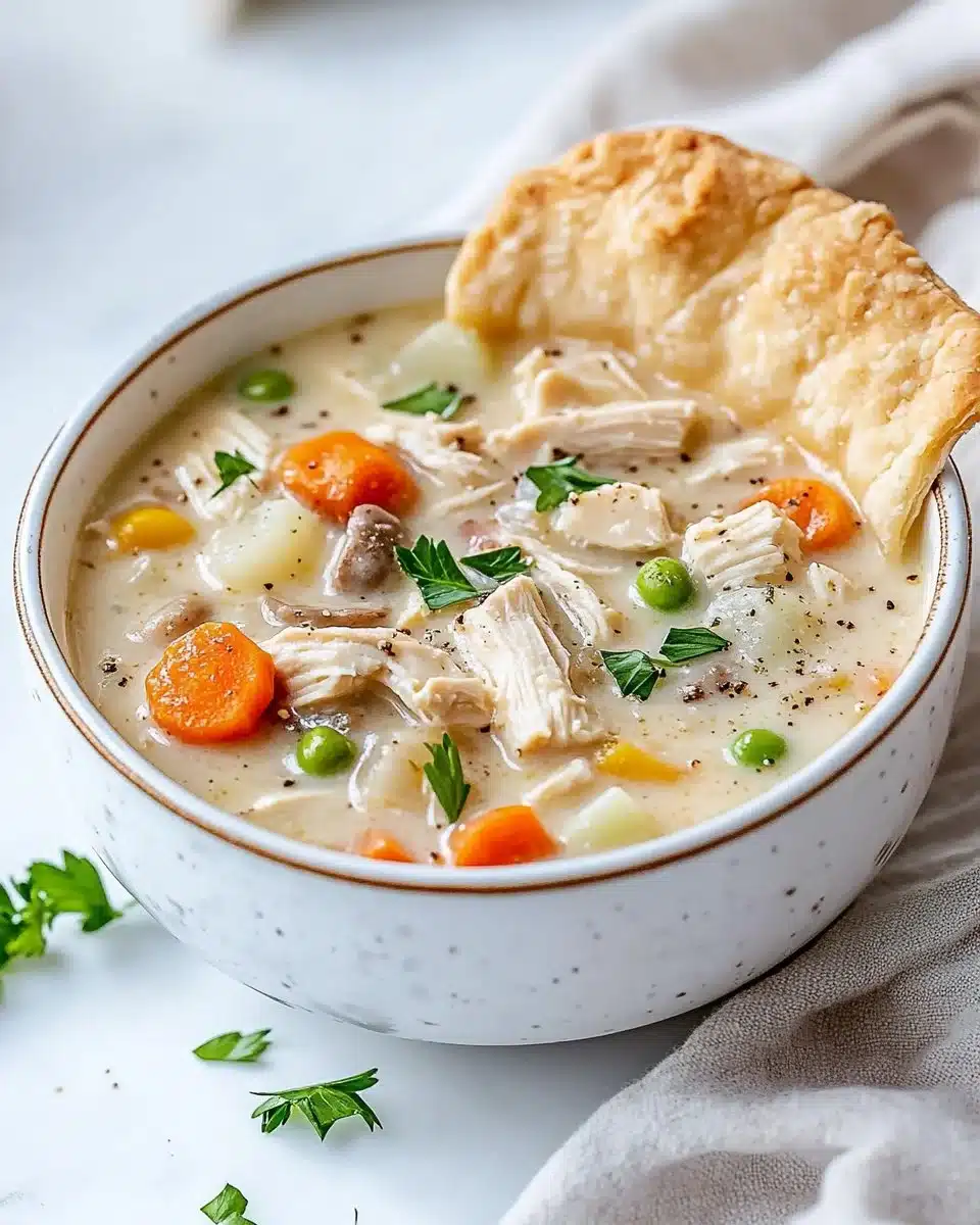 A warm bowl of Chicken Pot Pie Soup garnished with herbs and vegetables.