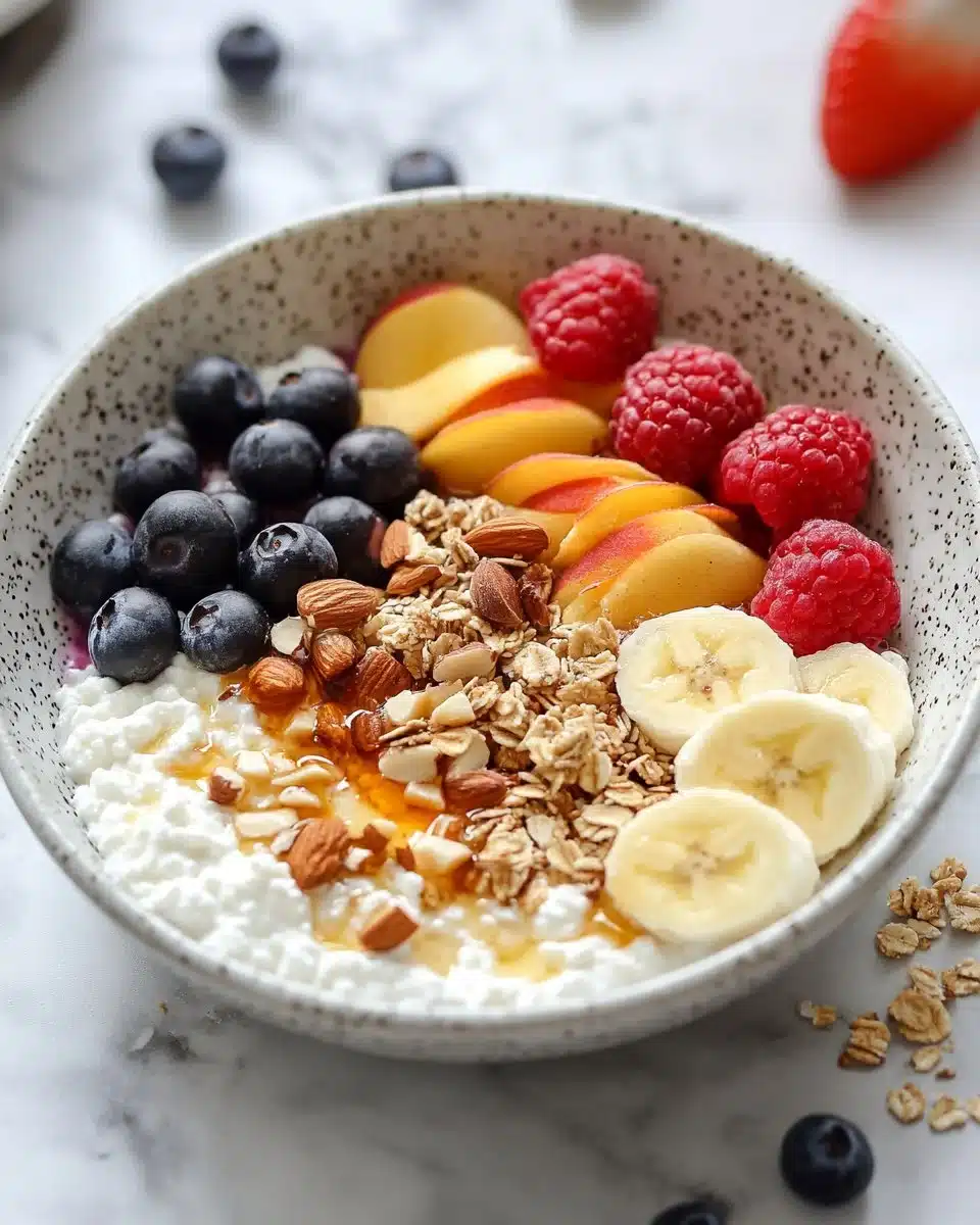 Healthy cottage cheese breakfast bowl with fruits and toppings