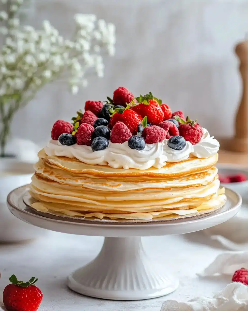 Delicious layered crepe cake with sweet fillings and toppings.
