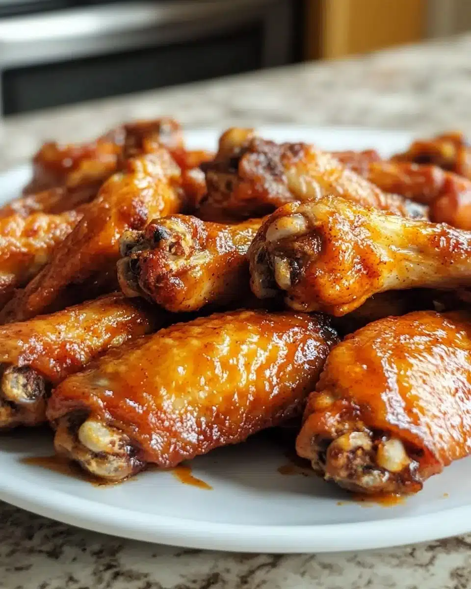 Crispy baked buffalo wings on a plate garnished with celery sticks and dipping sauce.