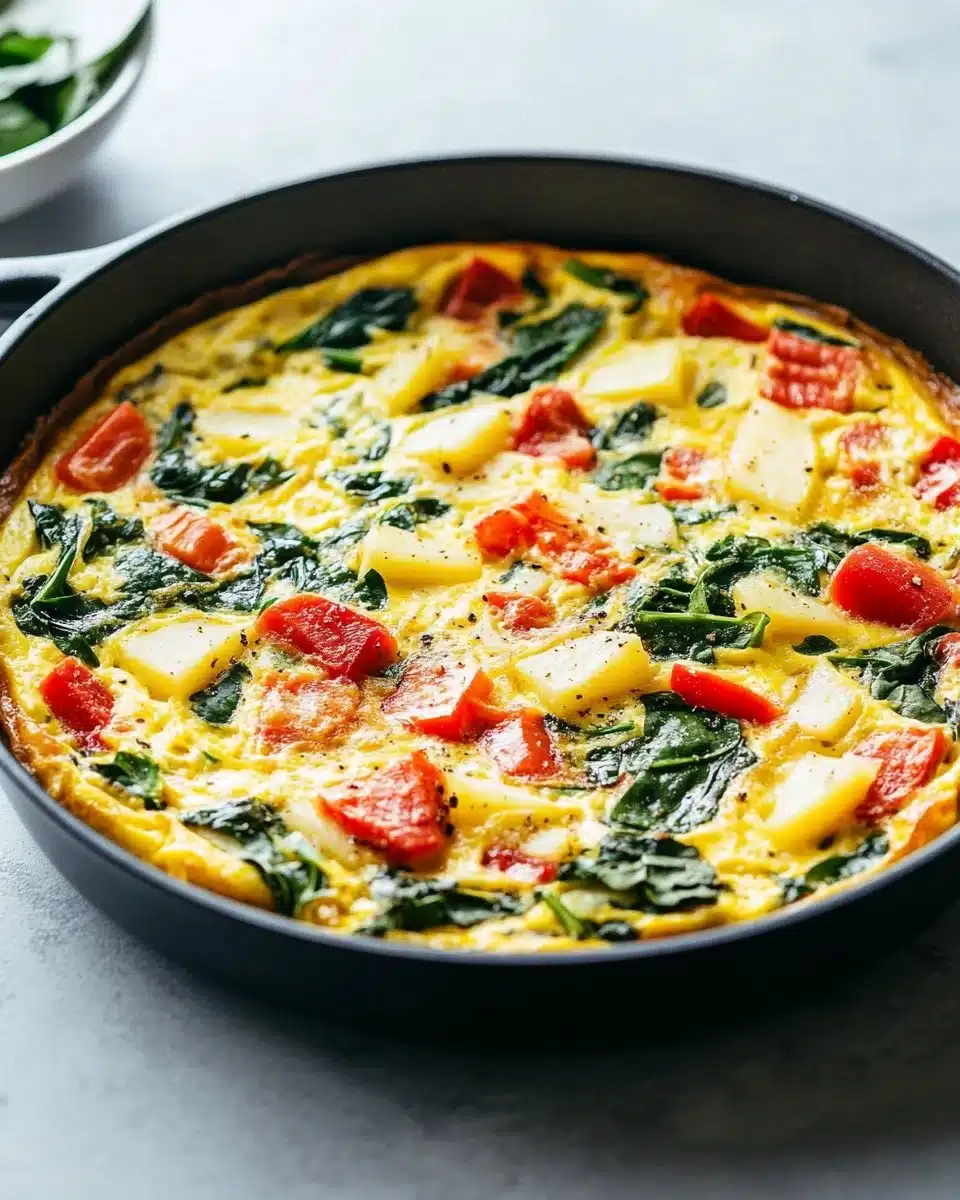 Easy frittata with potatoes, red peppers, and spinach served on a plate