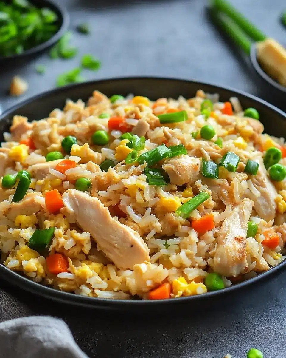 Delicious homemade chicken fried rice in a bowl with vegetables and chicken.