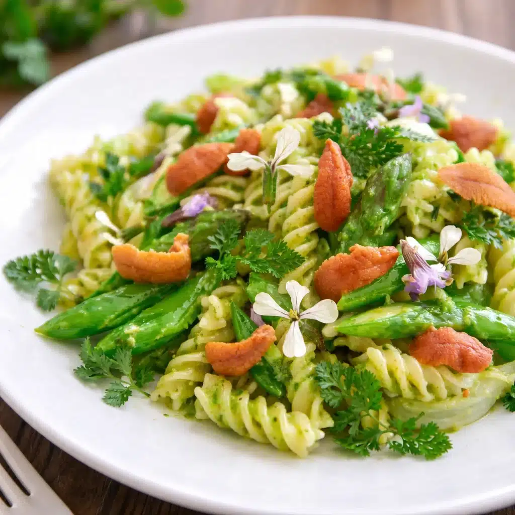 Spring pasta dish with peas, asparagus, and herbs in a lemon dressing.