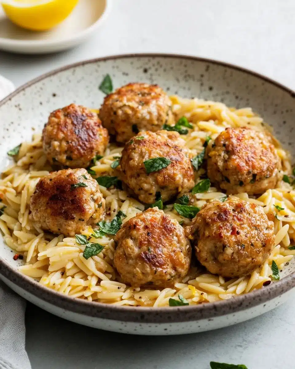 Delicious Greek Chicken Meatballs served with lemon orzo on a plate
