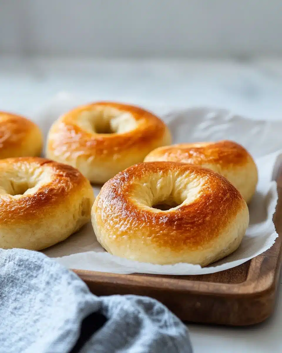 Freshly baked Greek Yogurt Bagels on a wooden cutting board with toppings
