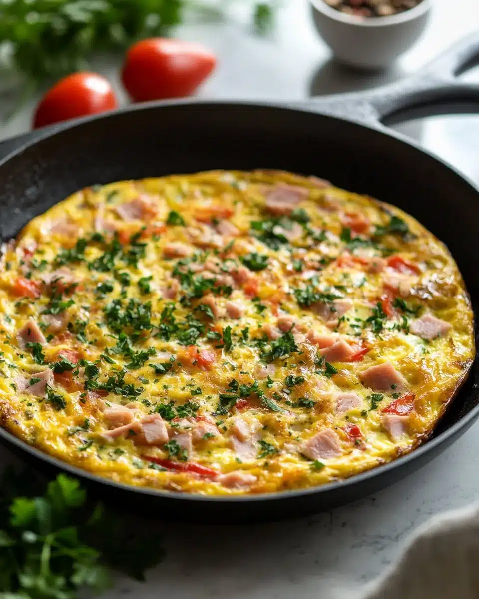 A delicious ham frittata served on a plate with fresh herbs.