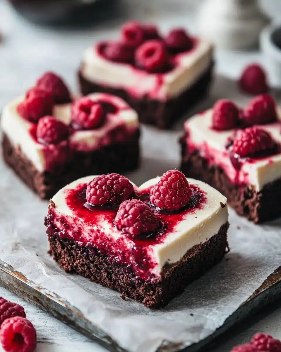Heart-shaped brownies with raspberry swirl decoration on a white plate.