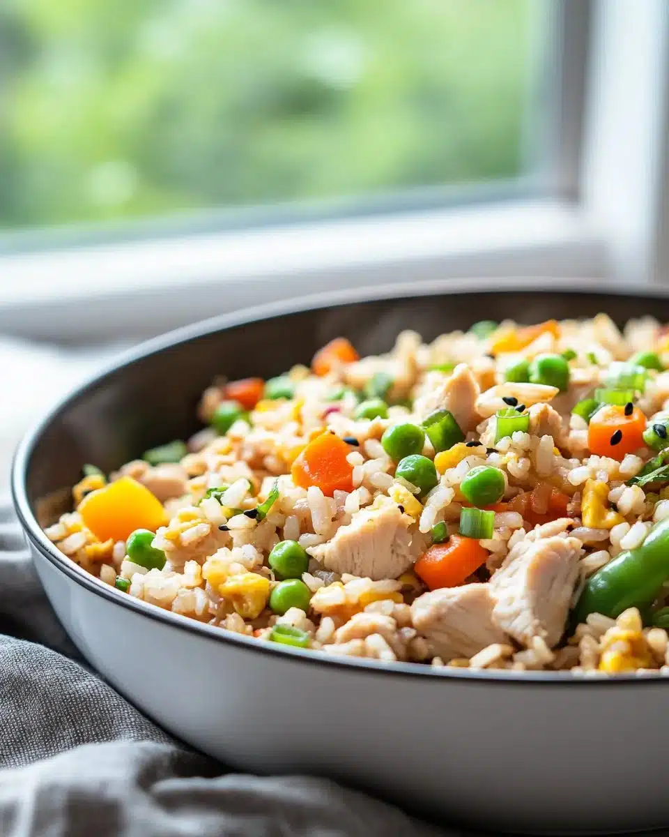 High protein chicken fried rice served in a bowl, garnished with vegetables