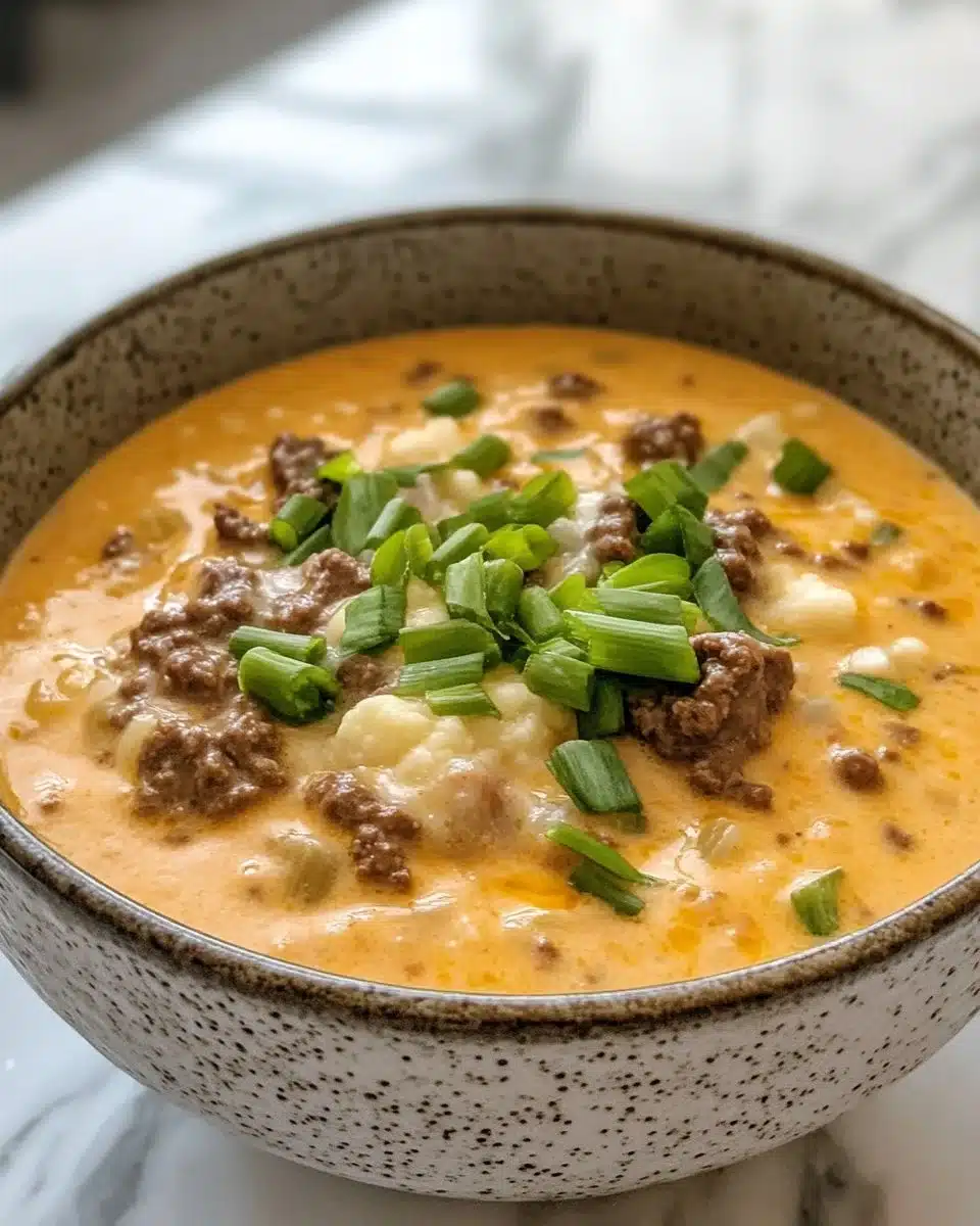 Bowl of creamy Keto Cheeseburger Soup topped with cheese and bacon.