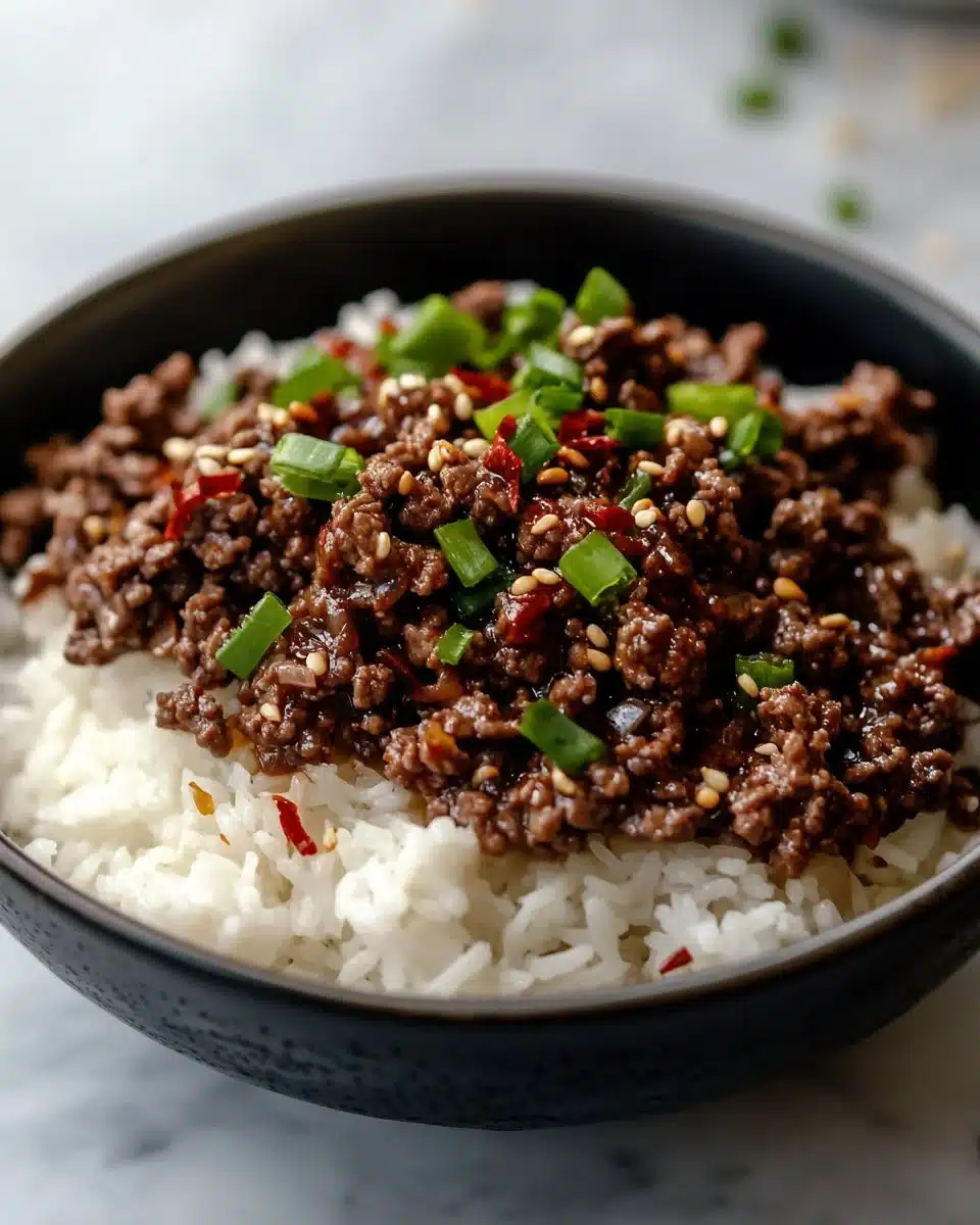 Korean Ground Beef Bowl with rice and vegetables