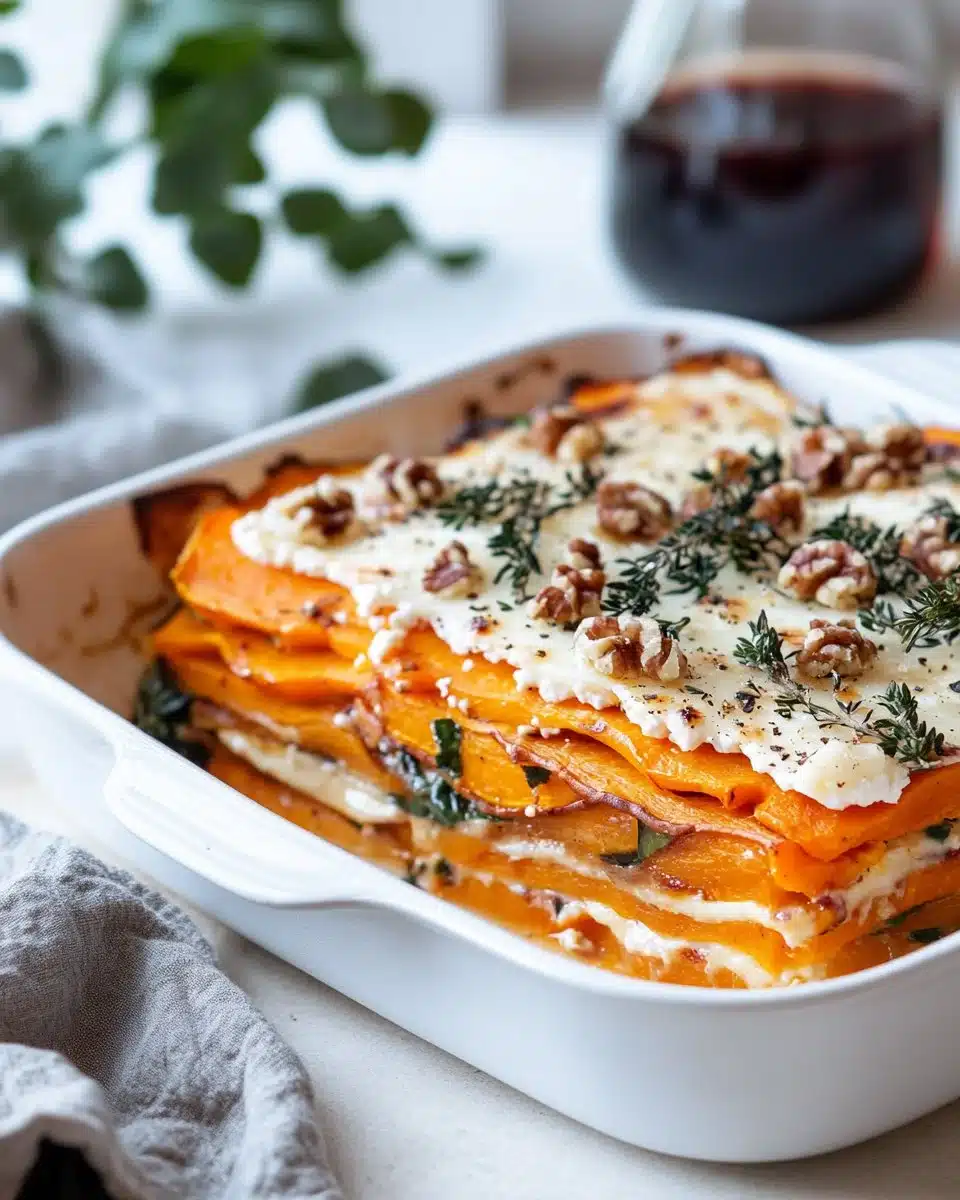 Layered sweet potato lasagna with butternut squash and carrots