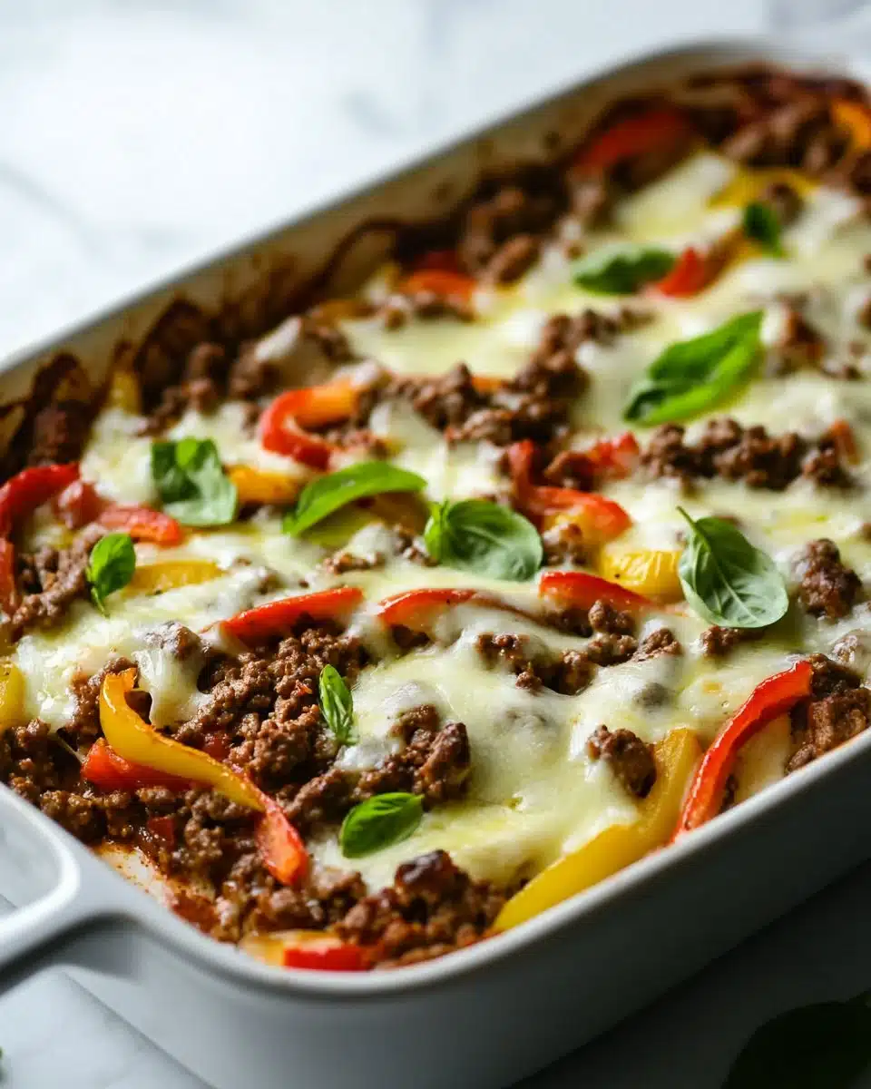 Low Carb Philly Cheesesteak Casserole topped with melted cheese and peppers