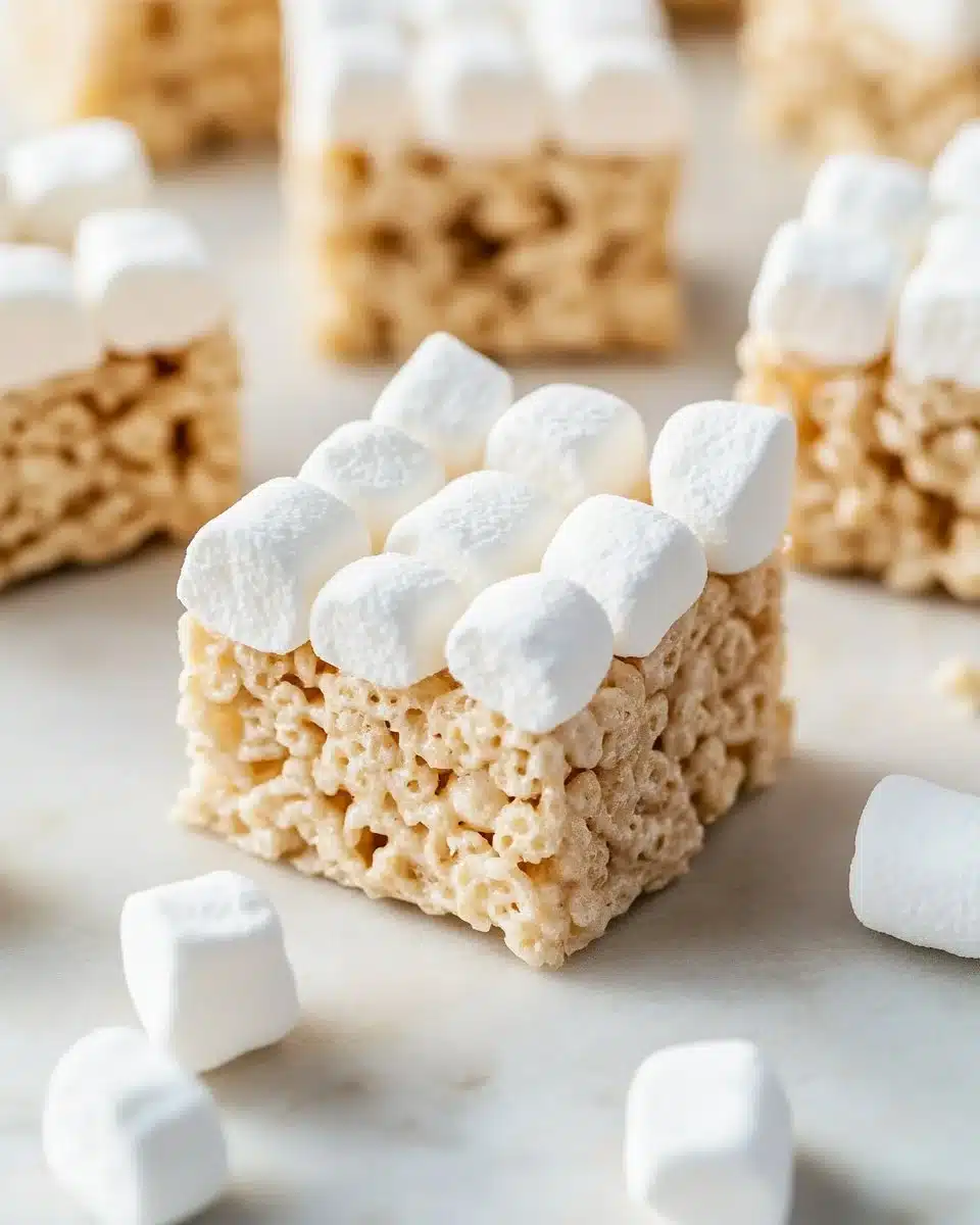 Delicious homemade Marshmallow Rice Krispie Treats served on a plate