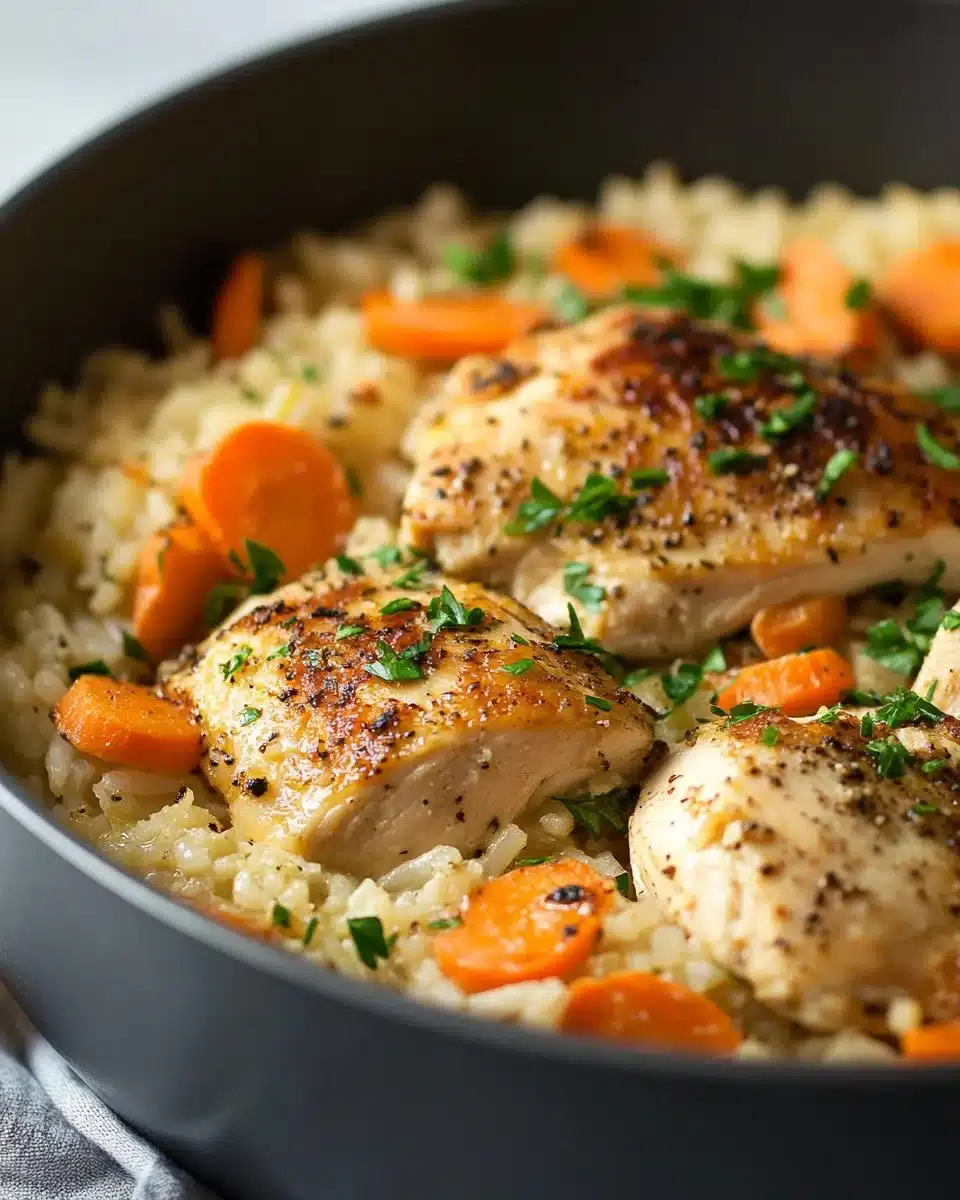 One-Pot Chicken & Rice dish served in a bowl, showcasing tender chicken and fluffy rice.
