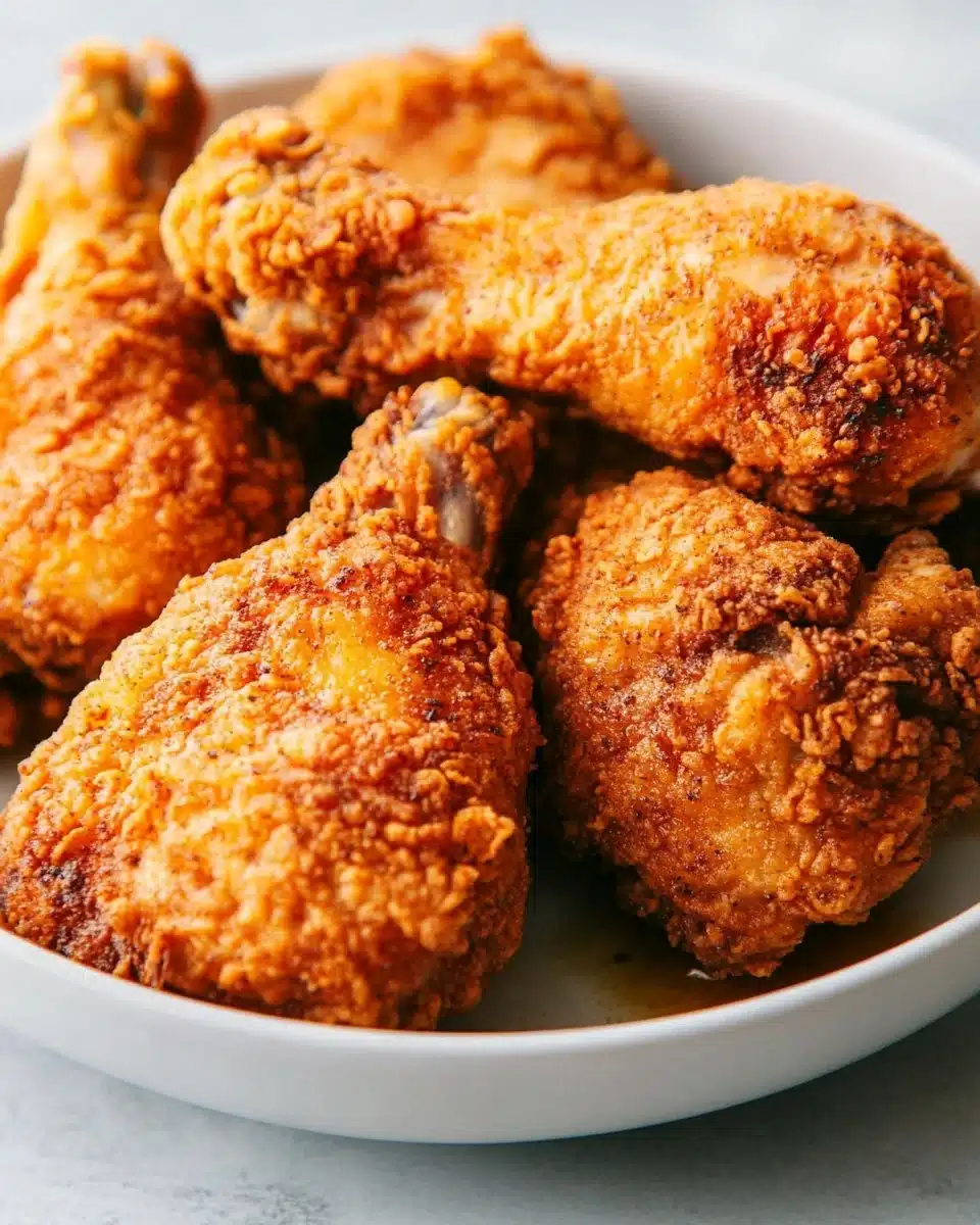 Golden crispy fried chicken on a plate with fresh herbs