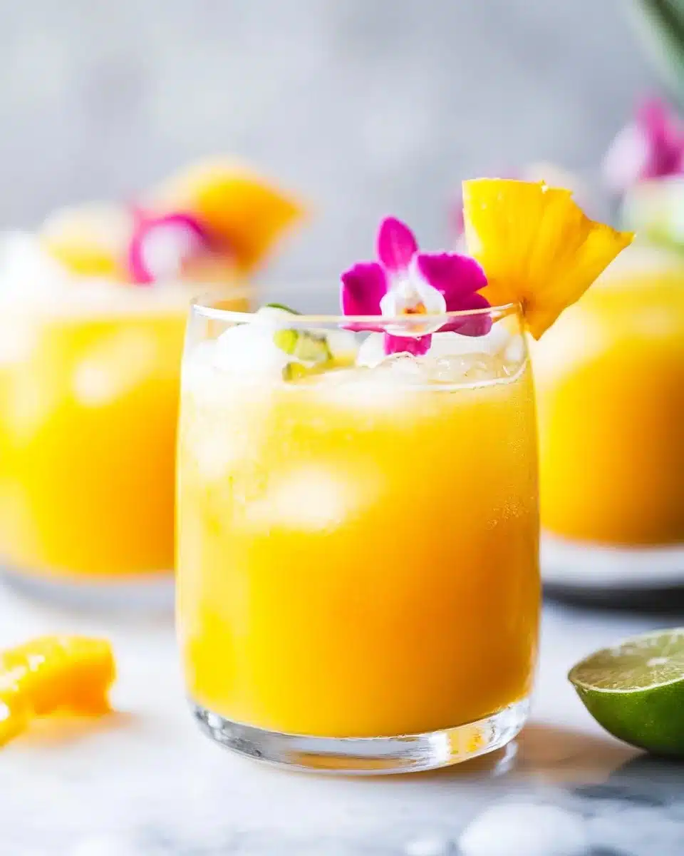 Pineapple Mango Rum Punch served in a glass with tropical garnishes